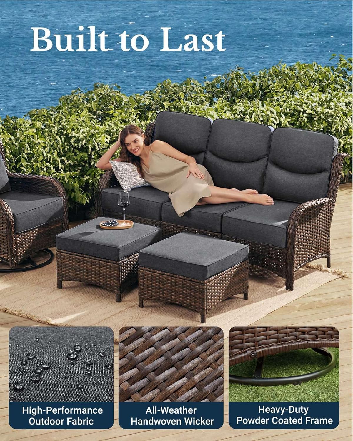 HILLGA Luxury Patio Furniture Set with 6-Inch Thick Cushions, High Back Outdoor Swivel Rocker Chairs and Patio Couch, 7-Piece All Weather Conversation Set for Porch Deck Pool Yard, Dark Grey (V3)
