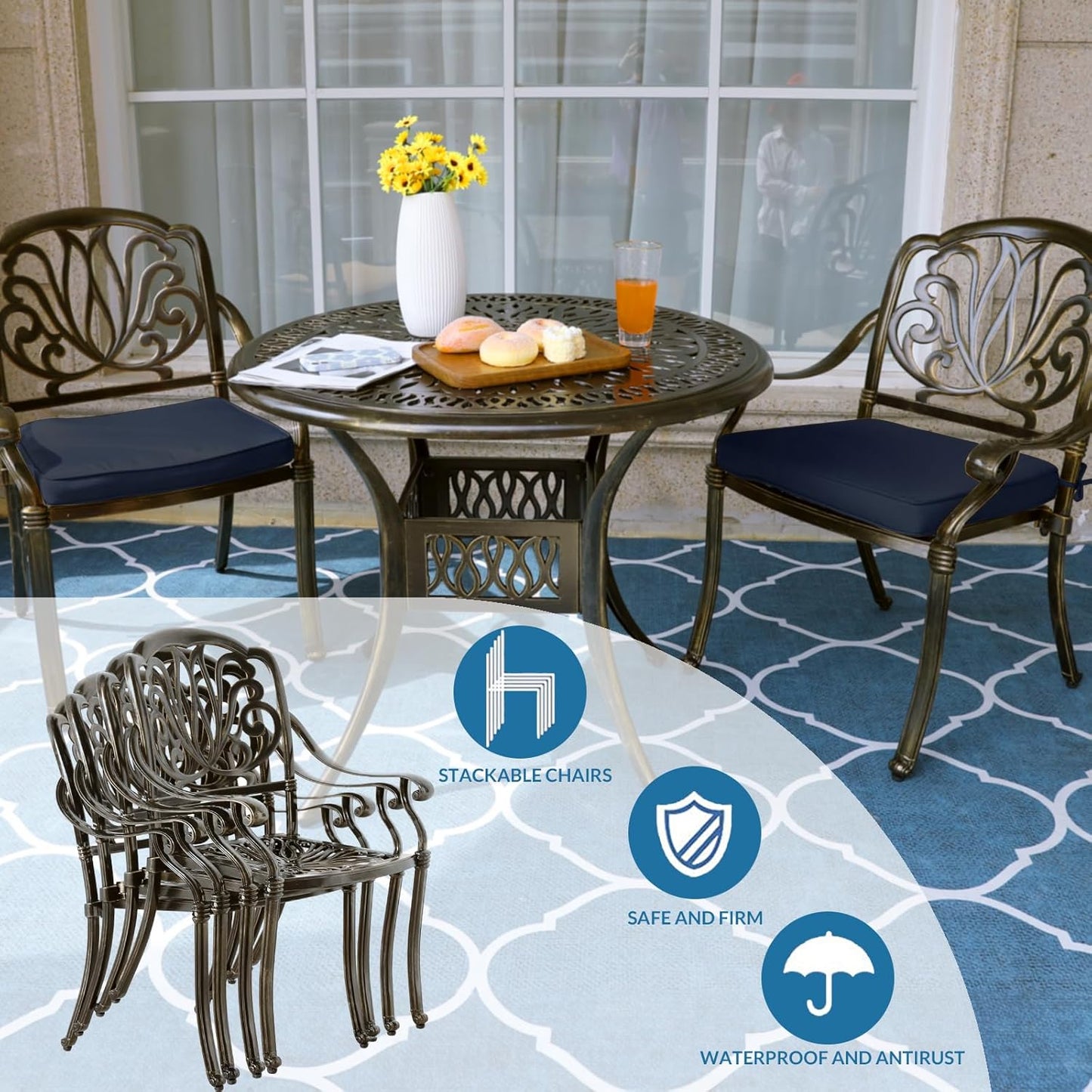 MEETWARM 3 Piece Patio Bistro Set, Outdoor All-Weather Cast Aluminum Dining Furniture Set Includes 2 Cushioned Chairs and a 35.4” Round Table with Umbrella Hole for Garden Deck, Navy Blue