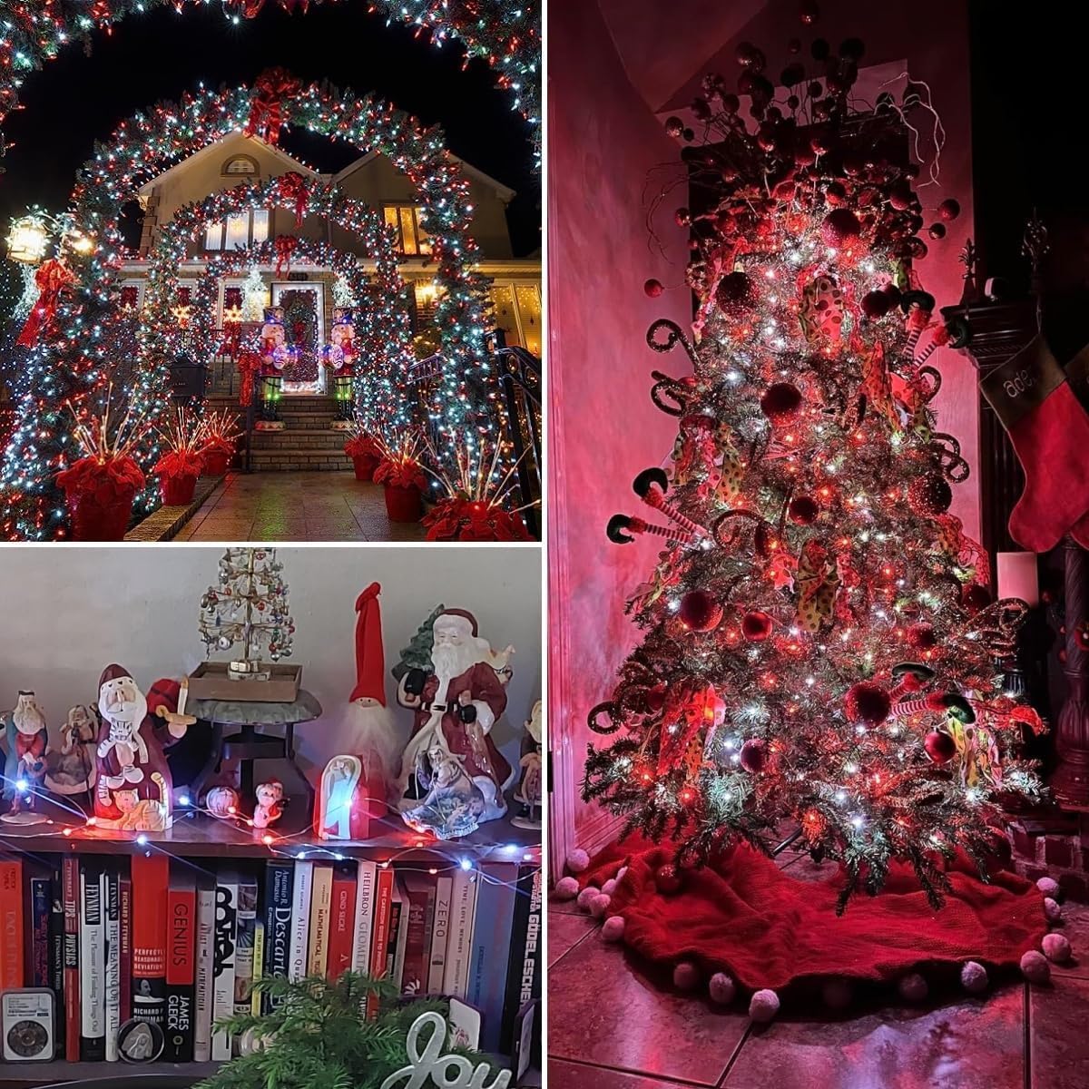 QITONG 4 Pack Red and White Solar Fairy Lights, Each 33ft 100 LED Christmas String Lights Outdoor Waterproof, 8 Modes Silver Wire Twinkle Lights