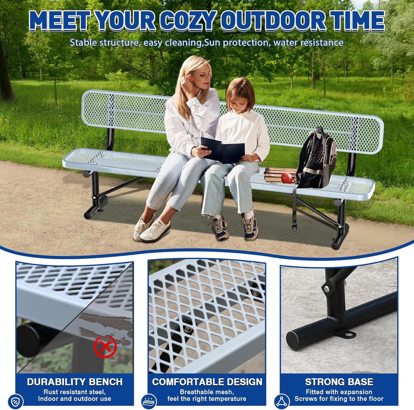 8Ft Heavy Duty Park Bench with Back Portable Frame, Outdoor Steel Bench with Backrest, Expanded Metal Mesh Bench for Lawn, Park, Deck, Garden, Patio, Porch, Grey