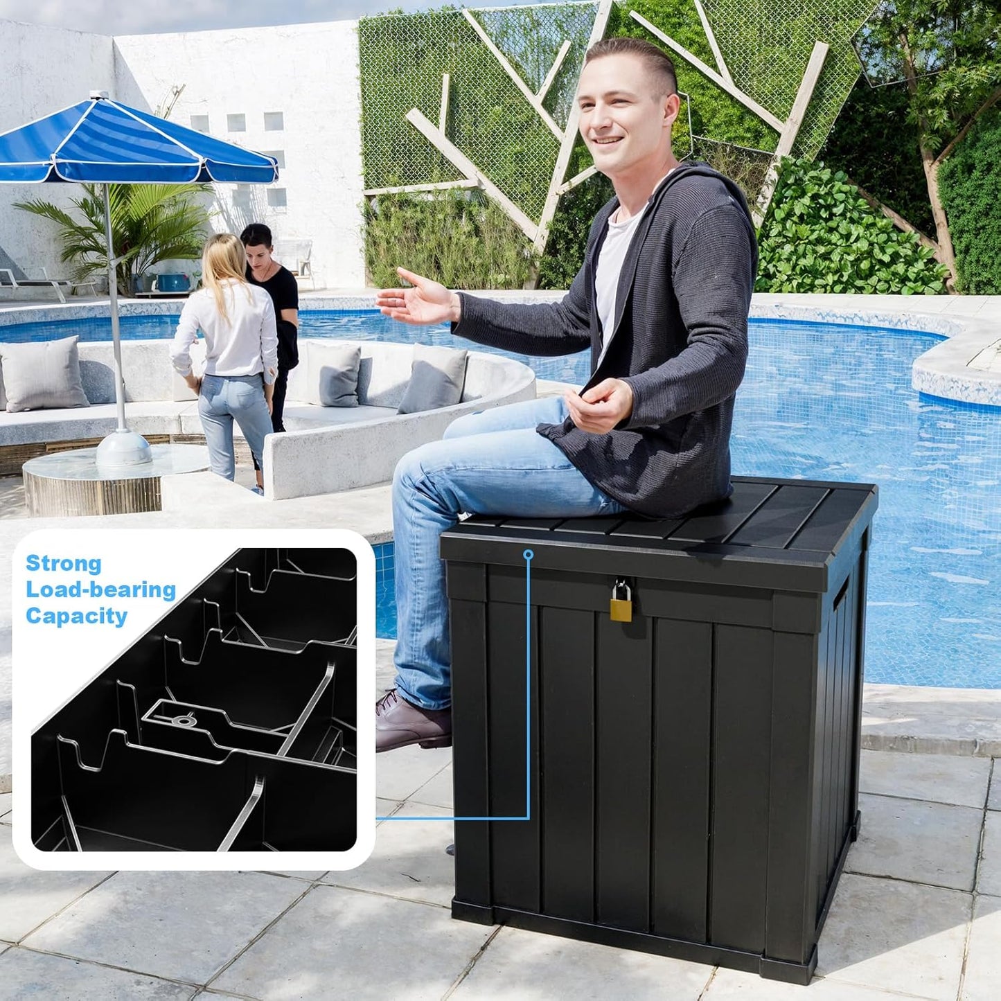 50 Gallon Resin Deck Box, Lockable Outdoor Storage Box for Patio Cushions Storage Furniture,Garden Tools, Pool Supplies, Weatherproof and UV Resistant(Black)