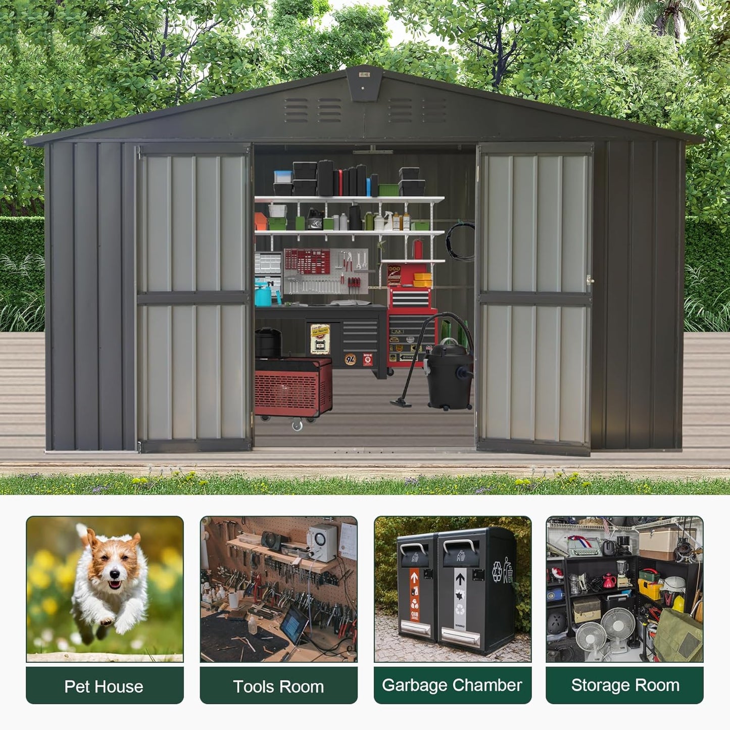 Domi Outdoor Storage Shed 11' x 9', Metal Steel Utility Tool Shed Storage House with Double Lockable Doors & Air Vents for Backyard Patio Garden Lawn Dark Grey