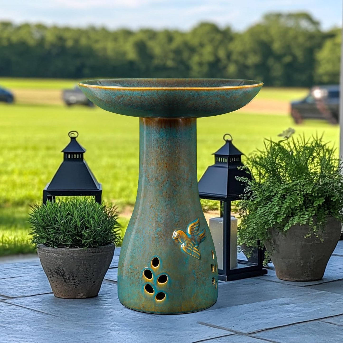 Ceramic Bird Bath for Outdoors, 21.5 inch Heavy Duty Bird Bath,Weather-Resistant Birdbath for Outdoor Garden Use, Attracts Birds, Elegant Yard Décor - Blue