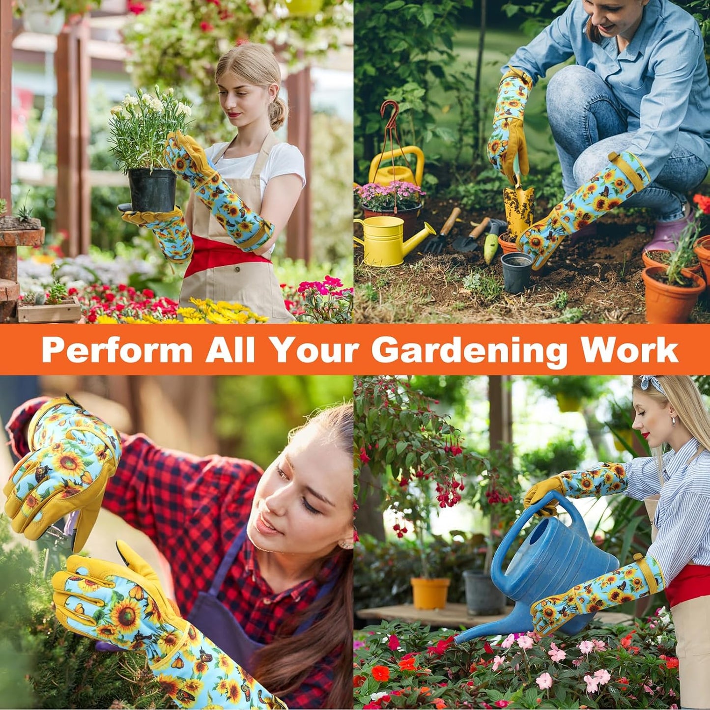 DLY Gardening Gloves for Women, Rose Gloves Gardening Thorn Proof, Long Garden Gloves for Women, Breathable Cowhide Leather Gauntlet (X-Large, Blue)