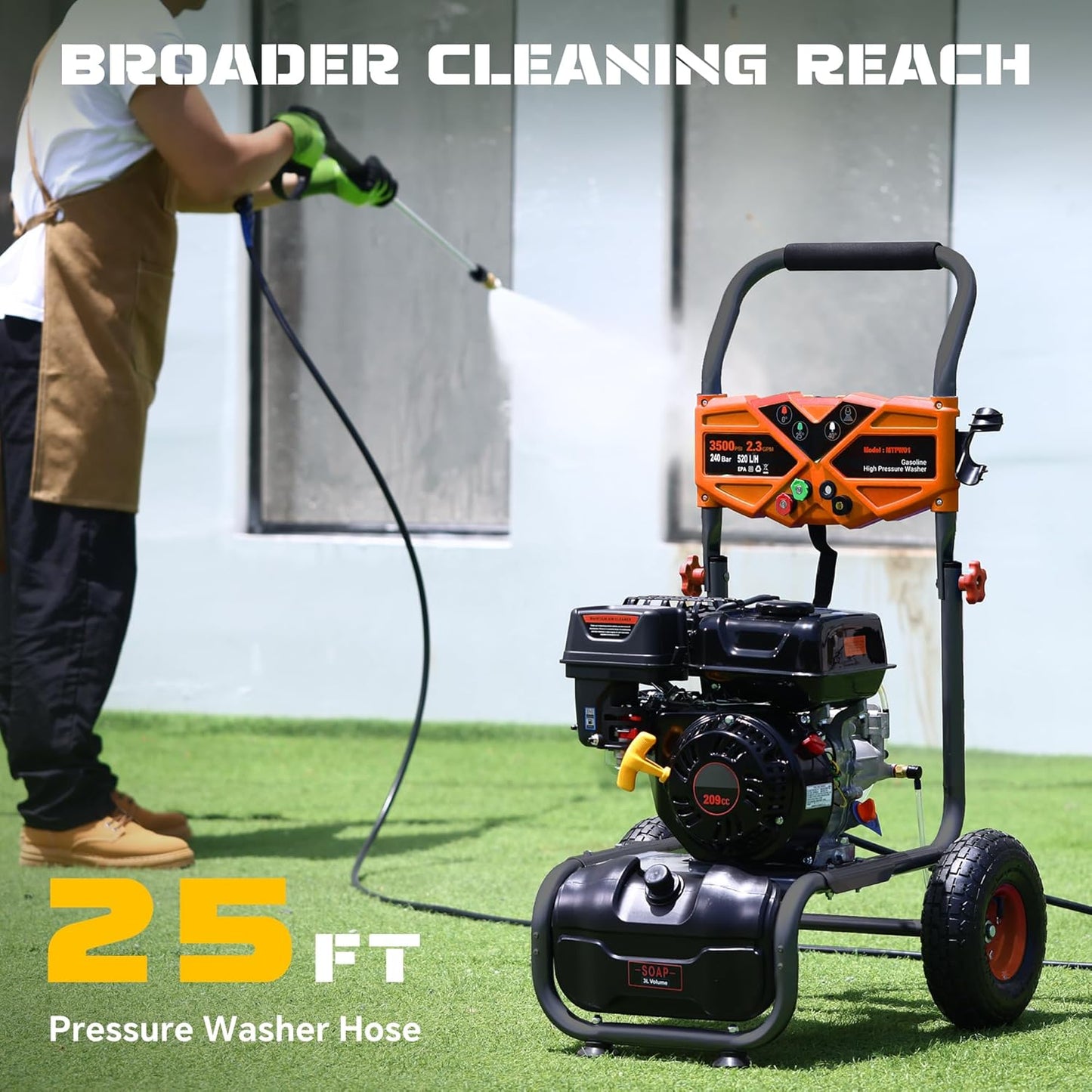3500 PSI Gas Pressure Washer, 2.3 GPM High Power Washer with 209CC Engine, 25FT Hose, 4 Quick-Connect Nozzles, for Cleaning Walls, Vehicles, Gardens, Driveways, Concrete(Orange)
