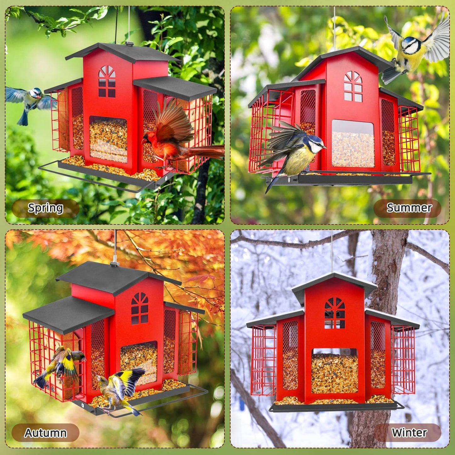 Large Bird Feeders for Outdoors Hanging,Metal Bird Feeder with Double Suet Cage Cake,Sturdy & Weatherproof,Easy to Clean & Refill,4.6Lbs Large Capacity, Great for Attracting Wild Birds,Red