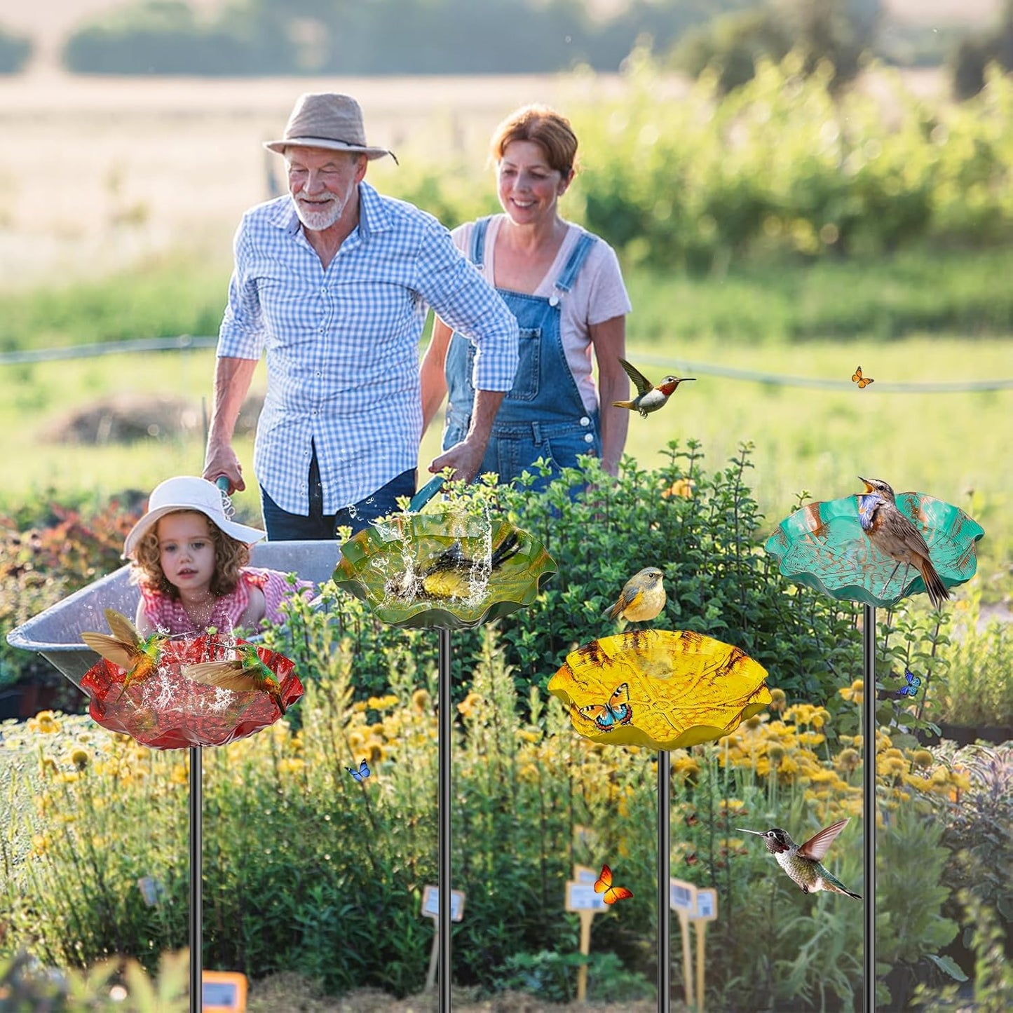 4PCS Hummingbird Bird Bath for Outside, Freestanding Metal Flower BirdBaths Bowl with Stake, Detachable Birdfeeder for Outdoor Yard Lawn Garden Decor (4PCS-Red-Yellow-Blue-Green)