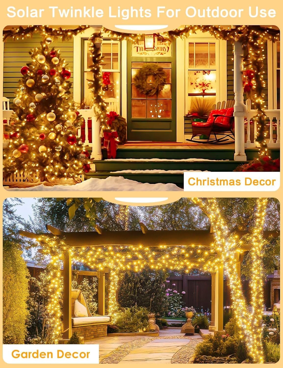 Solar String Lights Outdoor, 2 Pack 144FT 400 LED Solar Christmas Twinkle Lights Outside Waterproof Copper Wire with 8 Modes Solar Fairy Lights for Garden Tree Birthday Christmas Decor(Warm White)