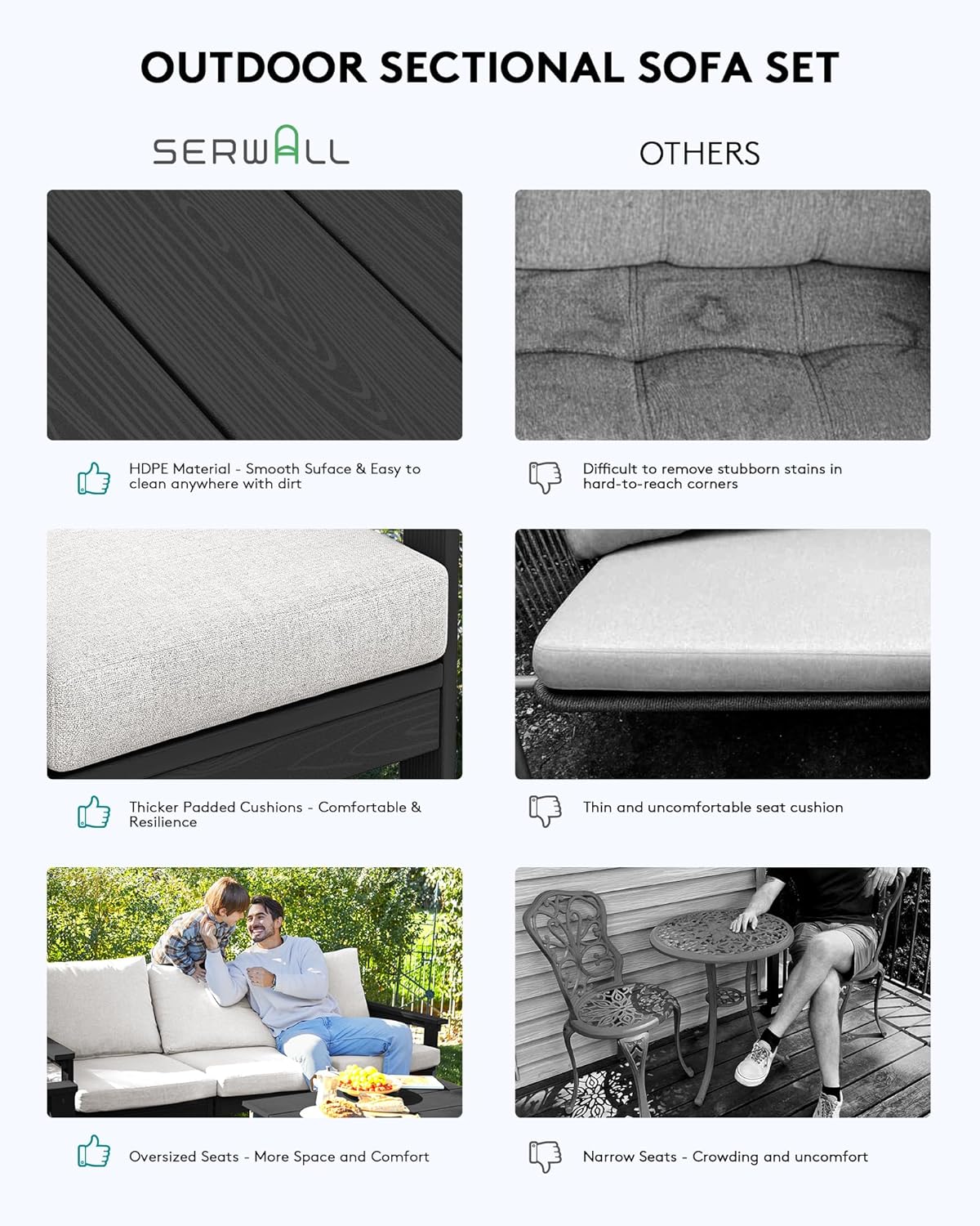 SERWALL HDPE Patio Sofa Set, 4-Piece Sectional Outdoor Furniture Set, All Weather Outdoor Couch Set Patio Furniture Set for Deck, Lawn, Black Frame with Khaki Cushion