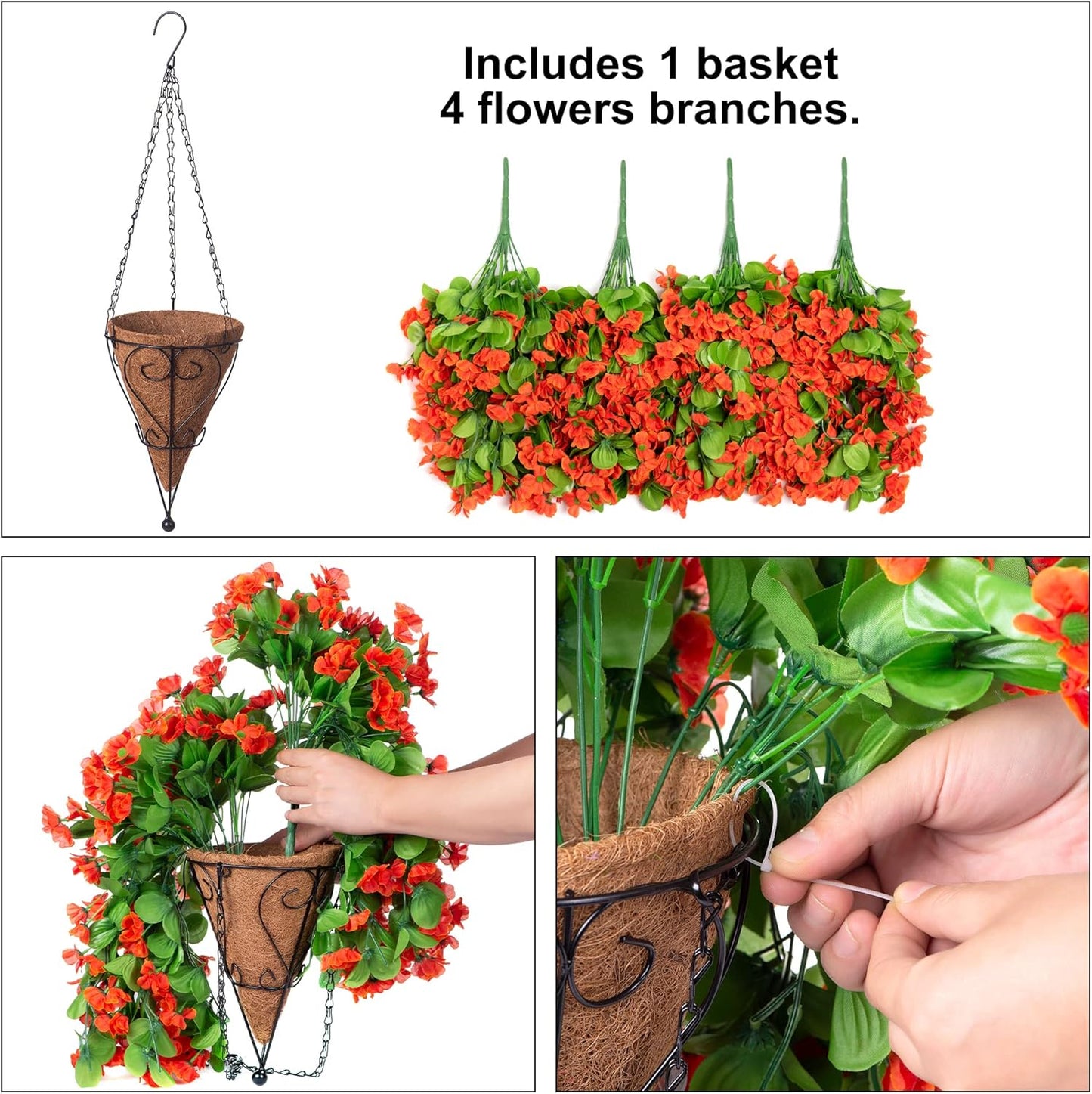 Artificial Hanging Flowers in 12 inch Basket, Fake Fall Plant Silk Orchid Flower Arrangement with Coconut Lining Pot Planter for Patio Garden Porch Deck Summer Autumn Decorationr(Orange)