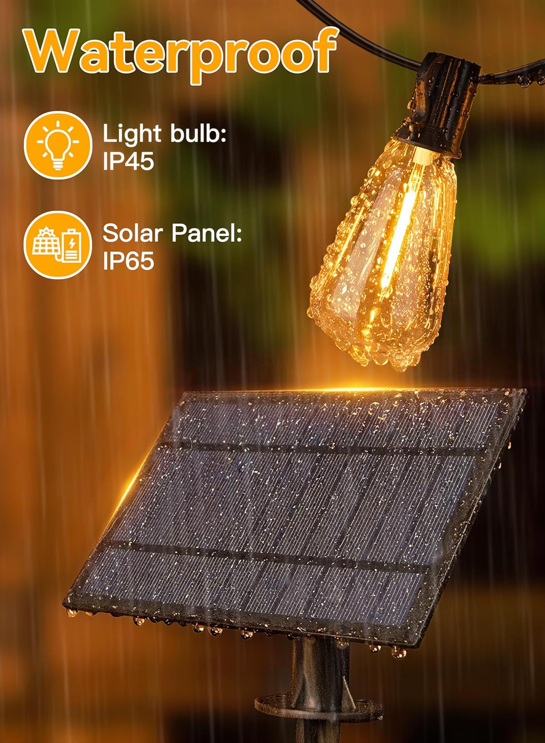 Ollny 25+2 LEDs ST38 Solar String Lights for Outside, 50 FT USB & Solar Dual Charging Outdoor String Lights, 3 Modes 5 Timers 10 Brightness 2200K Waterproof Patio Light for Porch Garden Camping