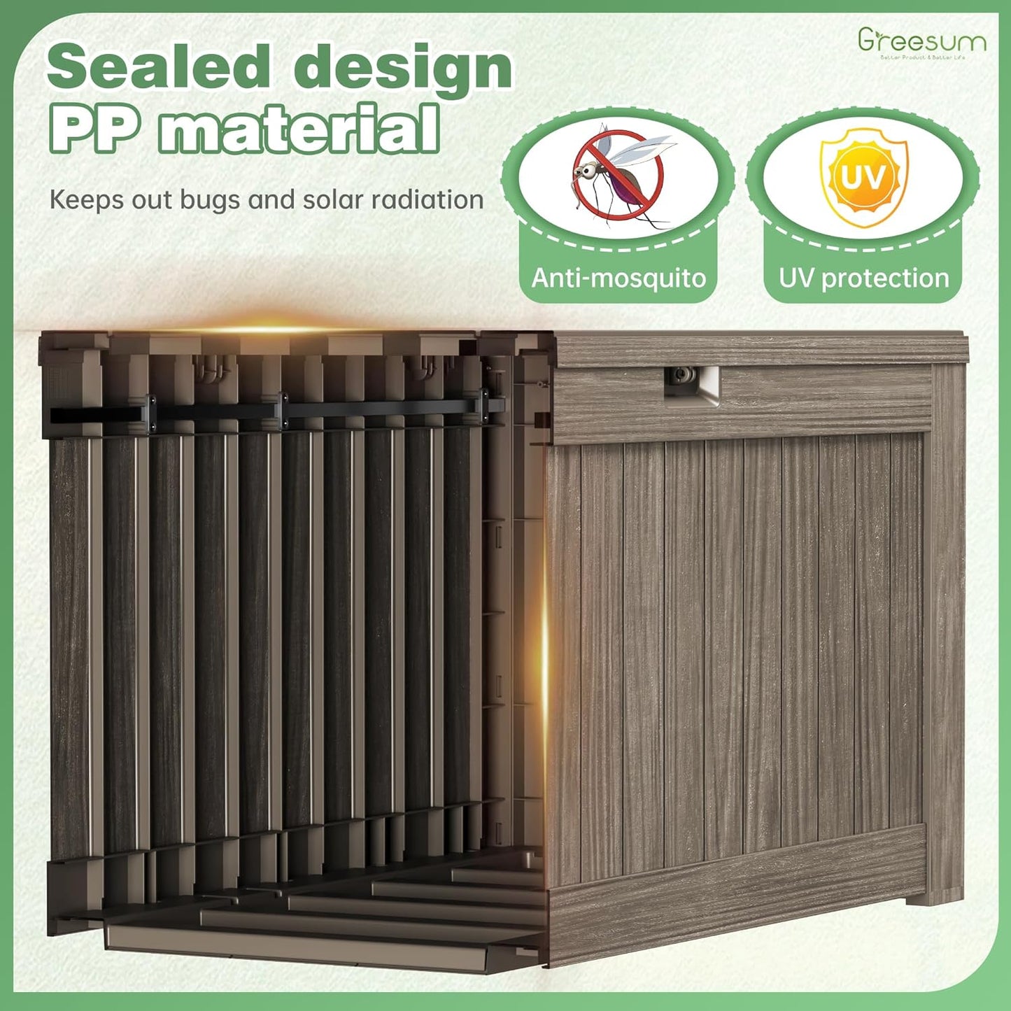 Greesum 120 Gallon Outdoor Storage Box with Lock - Large Resin Deck Box, Reinforced Lid for Garden, Patio, Lawn, Coffee