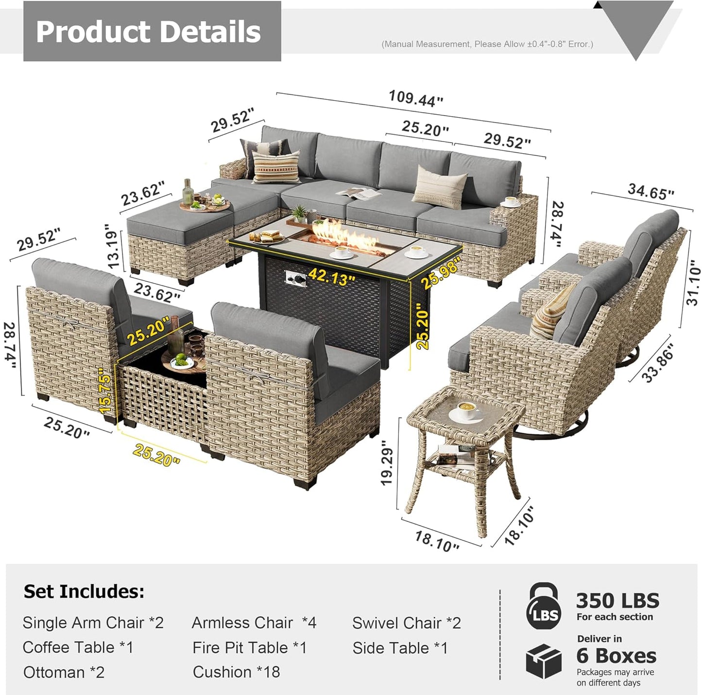 HOOOWOOO Outdoor Sectional Patio Furniture Set with Fire Pit Table,13 Pieces Wicker Conversation Sets L Shaped Couch,Extra Deep Out Door Sofa Outside Furniture with Swivel Chairs Ottoman,Charcoal Gray