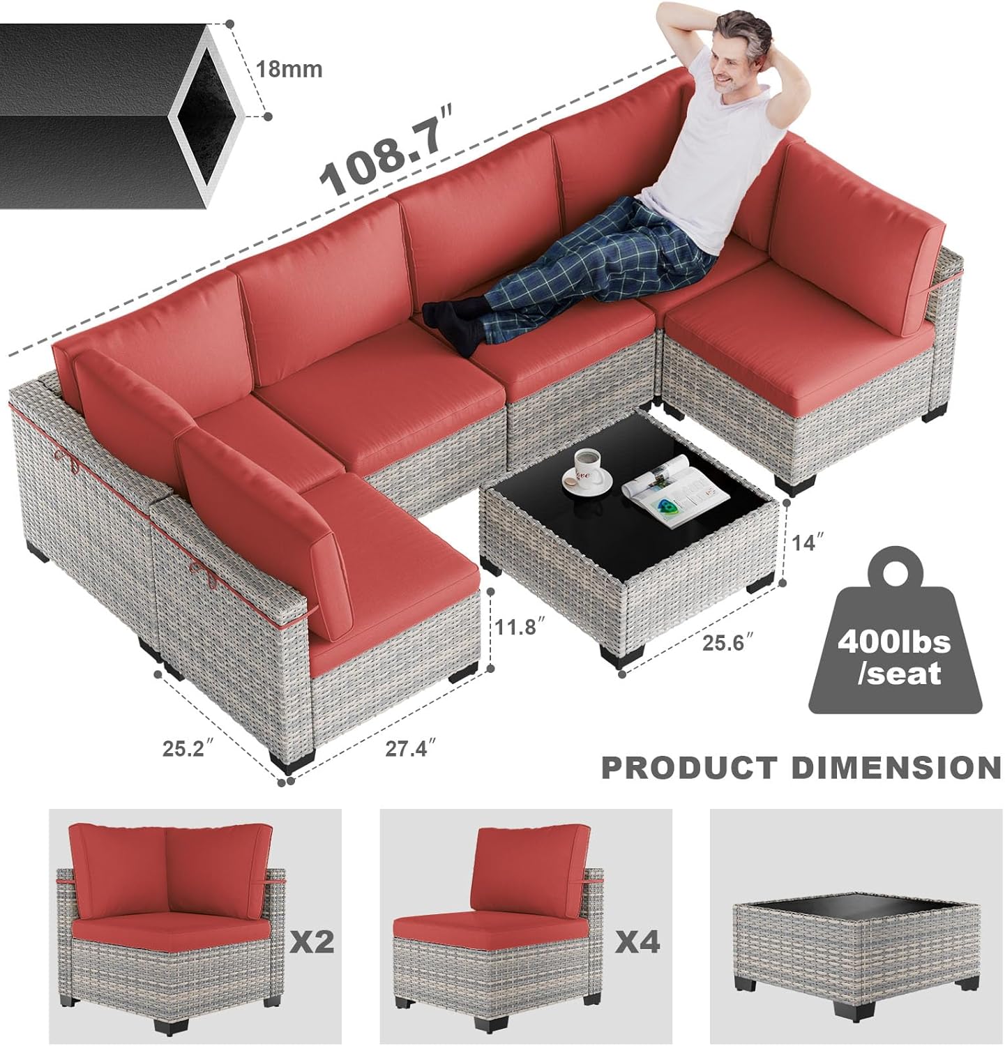 7-Piece Patio Furniture Set, Outdoor Sectional with Thick Cushions, Modular Patio Sofa, Dual-Strand Wicker Rattan, Rust-Resistant Frame, Backyard Furniture for Garden, Deck, Red
