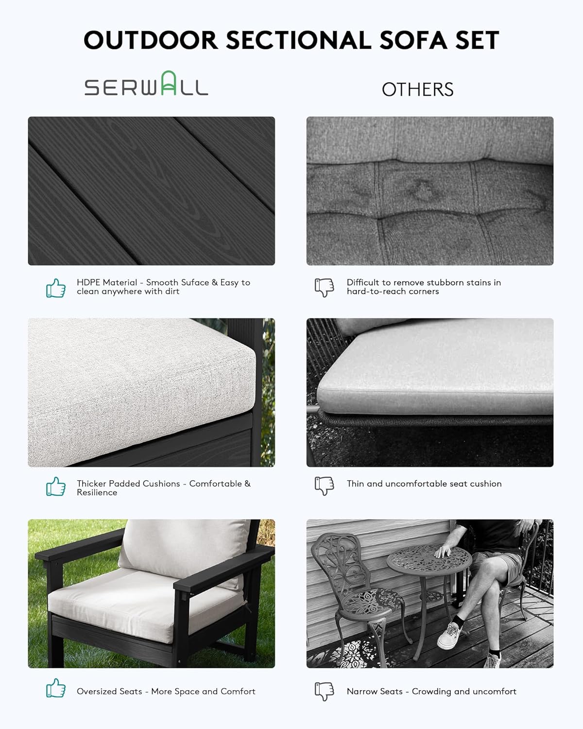 SERWALL HDPE Patio Furniture Set, 7-Piece Outdoor Sectional Sofa Set, All Weather Outdoor Couch Set for Deck, Lawn, Black Frame with Khaki Cushion