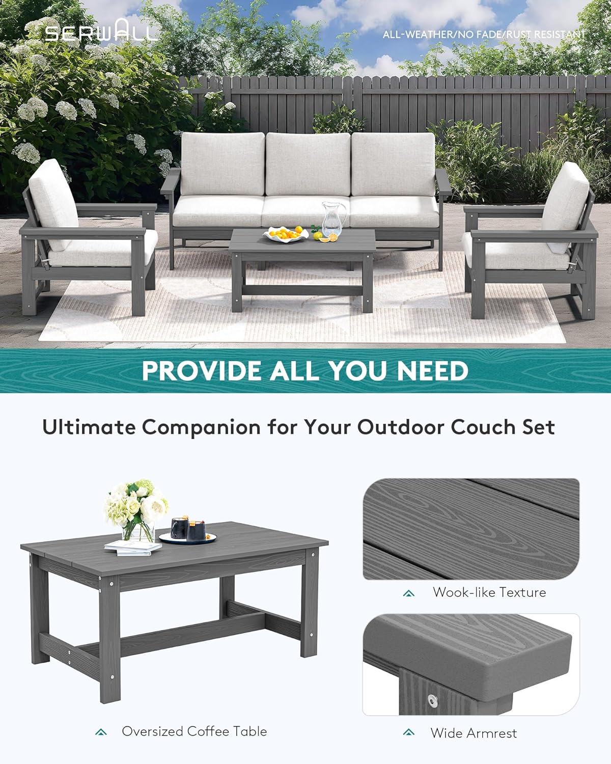 SERWALL HDPE Patio Conversation Set, 6-Piece Sectional Outdoor Furniture Set, All Weather Outdoor Couch Set Patio Furniture Set for Deck, Lawn, Grey Frame with Khaki Cushion
