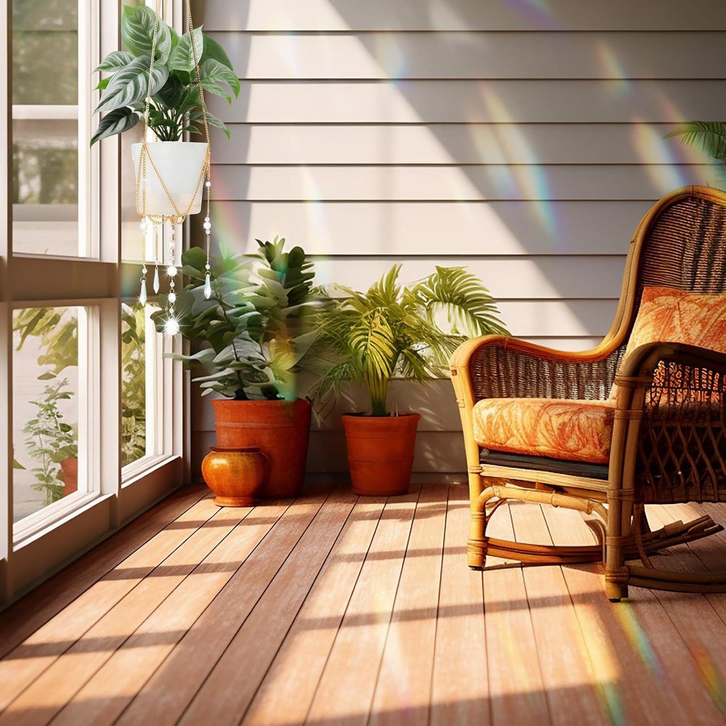 Chunful 3 Pack Sun Catcher Plant Hanger with Beads and Glass Crystal Beaded Plant Hanger Sun Catchers Kit Hanging Basket Accessories for Indoor Home Rainbow Decor, Pots Not Included(Gold)