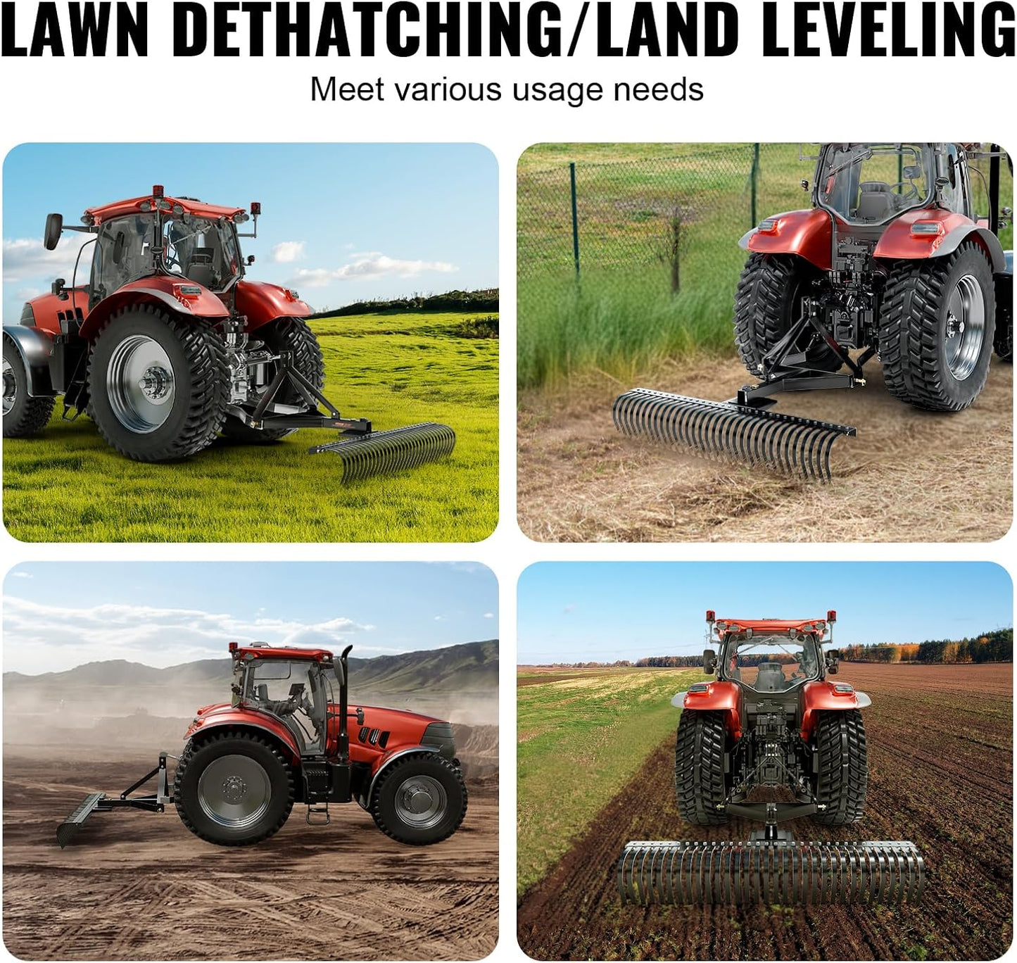 VEVOR Tow Behind Dethatcher, 72-inch Tow Dethatcher with 36 Steel Tines, 3-Point Lawn Dethatcher Rake with Attachments for Tractor, Landscape Rake for Garden, Farm, Grass