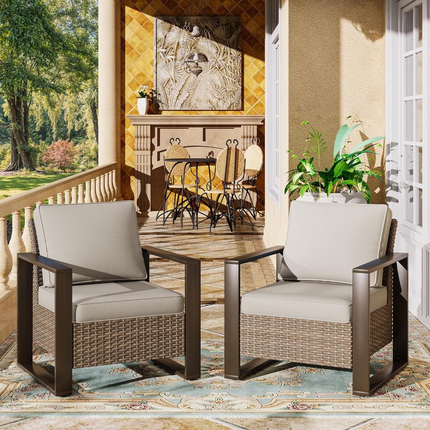 Patio Metal Wicker Chairs Set of 2, All Weather Outdoor Rattan Dining Chairs with Rectangular Framed Wood-Looking Metal Armrest & Fade-Resistant Cushions for Deck Balcony Backyard, Beige