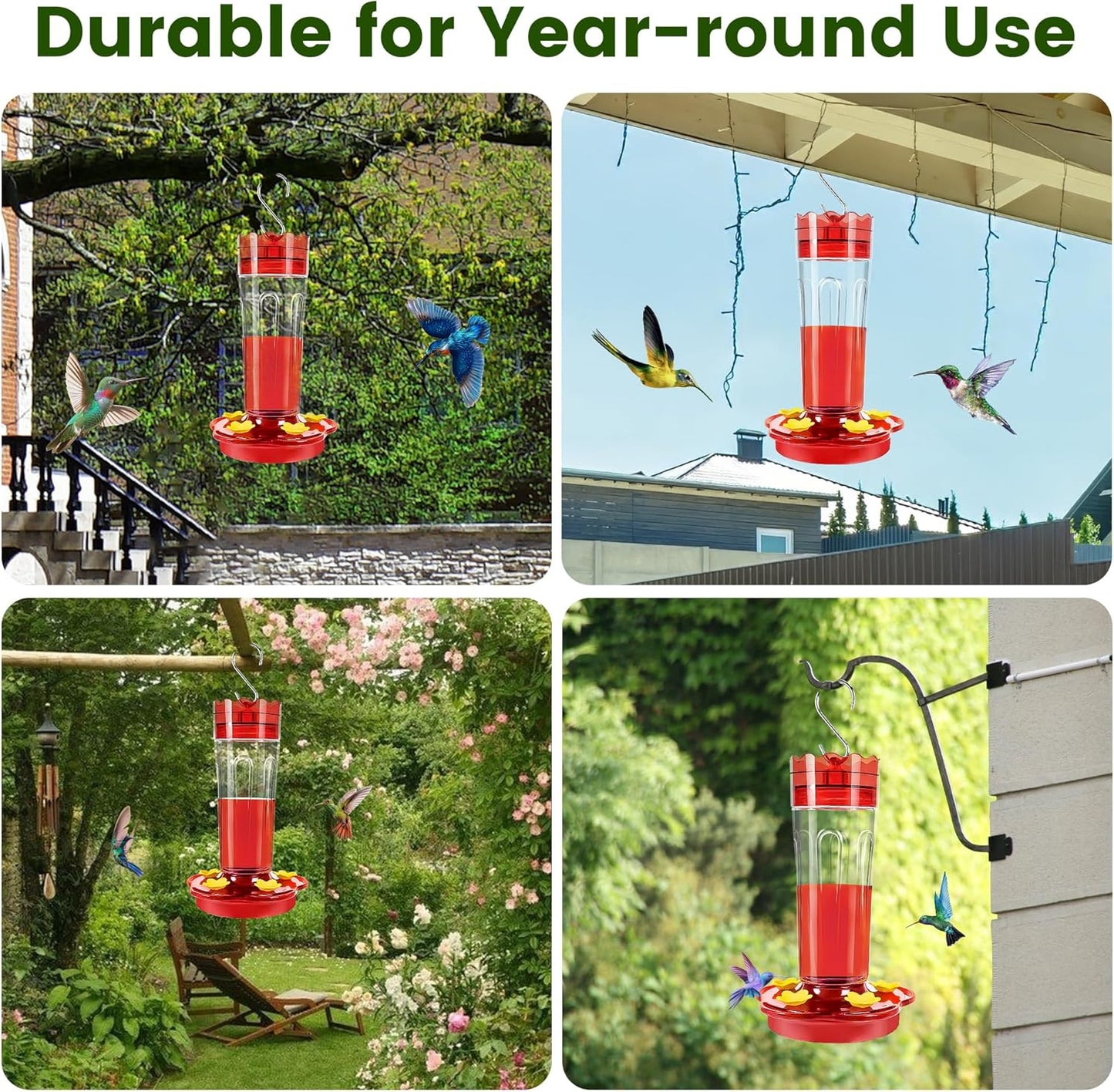 Plastic Hummingbird Feeders for Outdoors Hanging Ant and Bee Proof, 2 Pack 15 Ounces Red Hummingbird Feeder with 5 Feeding Ports and Perches, Built-in Ant Moat, Outside Garden Décor (Plastic, 2)