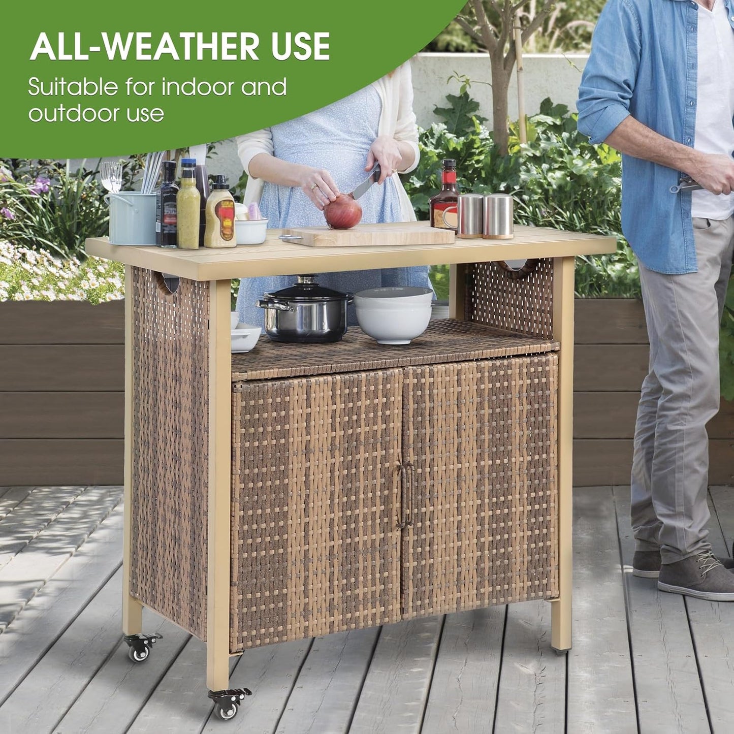 HOMEFUN Outdoor Bar Table with Storage Cabinet Patio Serving Carts on Wheels Wicker Grill Cart Prep Station Rolling Kitchen Island for Outside Backyard and Patio, Brown