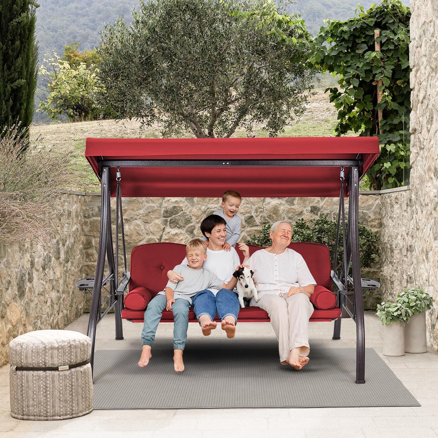 HOMREST 3 Person Outdoor Porch Swing with 1.5" Upgraded Cup Holder, Adjustable Canopy, Backrest, Patio Swing Bed with Weather Resistant Steel Frame, Cushions for Garden,Deck and Poolside(Wine Red)