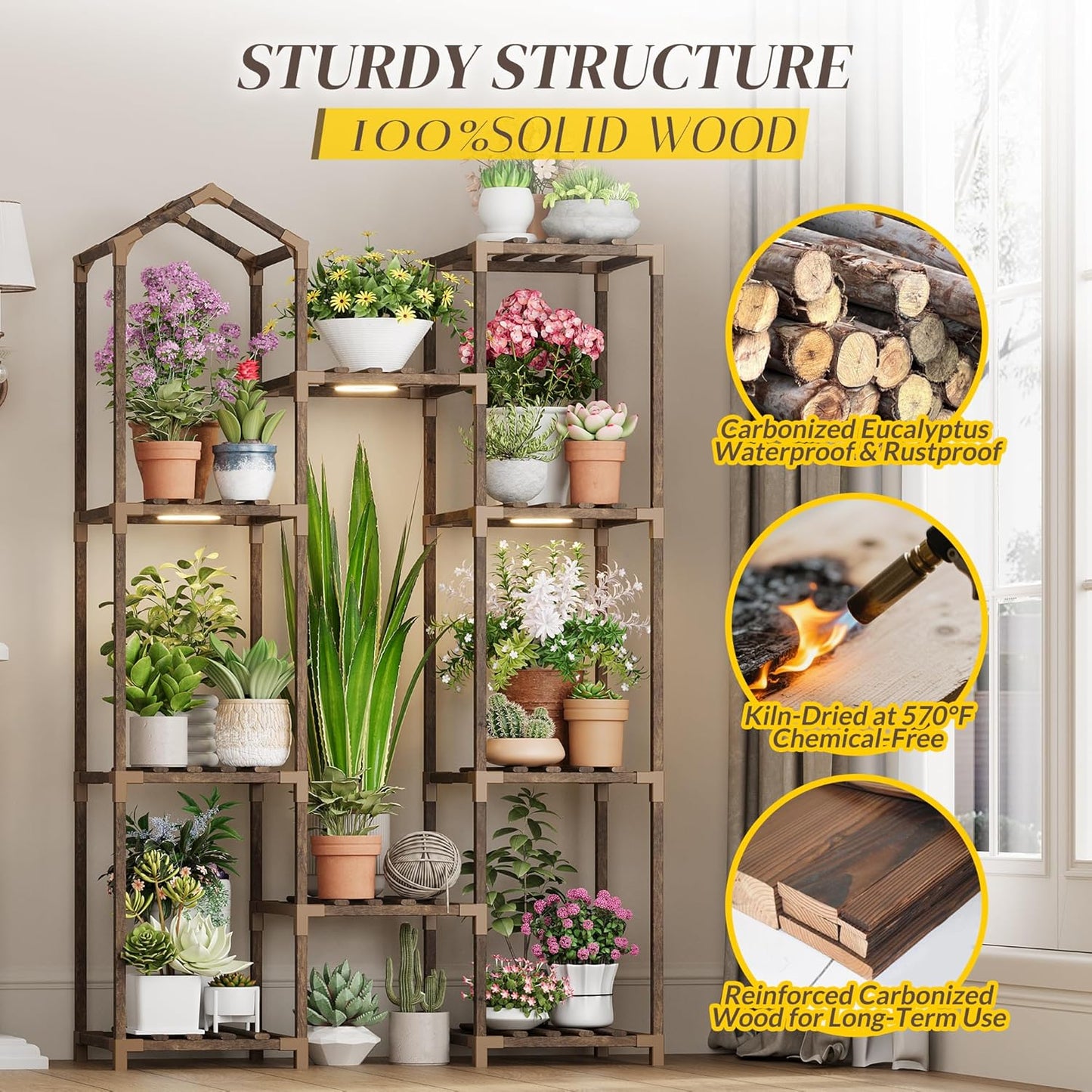 Wooden Plant Stand with Grow Light, 4-Tier Indoor Ladder Shelf with Roof Design, Carbonized Wood Rack for Balcony, Corner, or Living Room, Space-Saving Decorative Holder