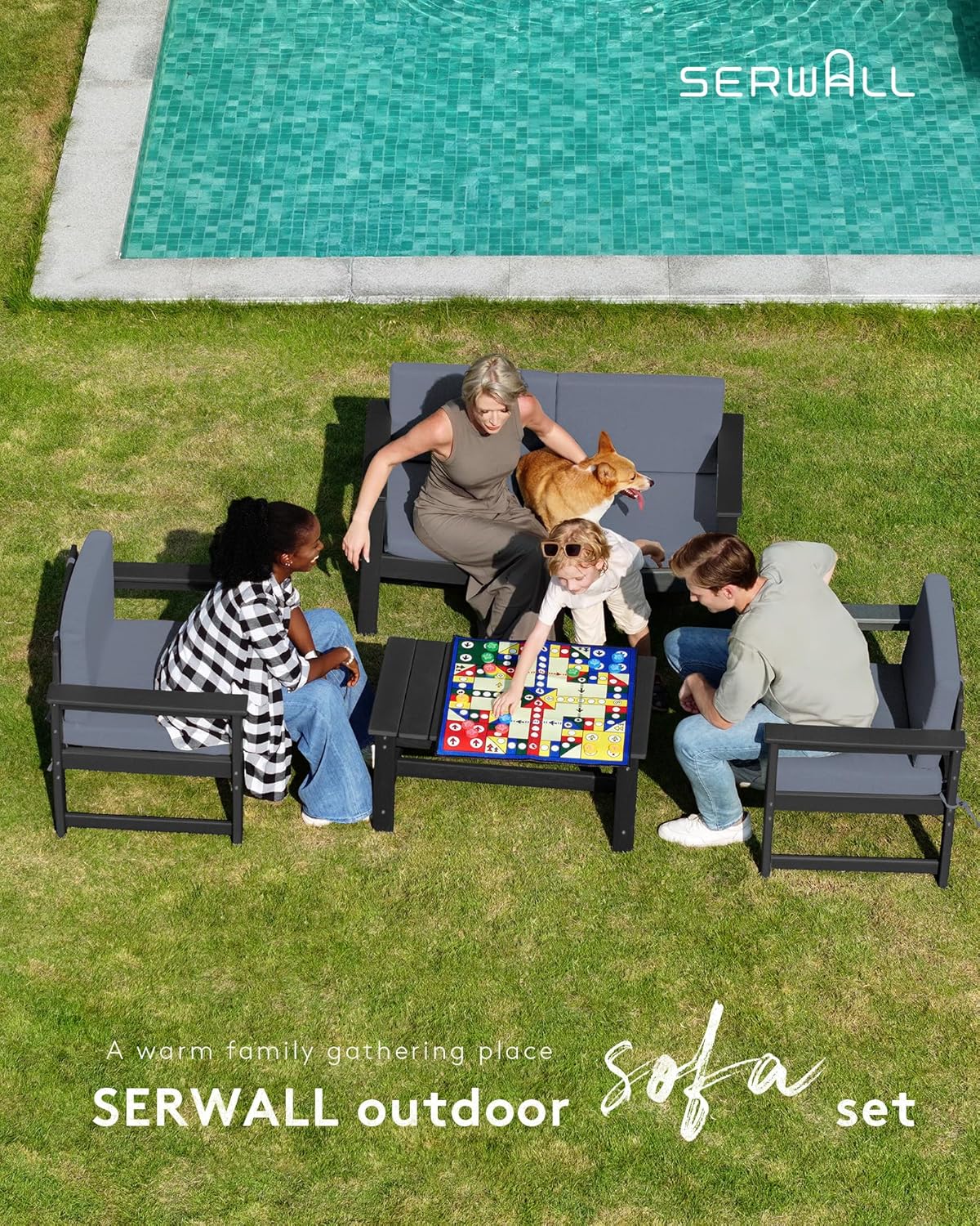 SERWALL 4 Pieces HDPE Outdoor Sofa Set with Cushion, All Weather Use Conversation Couch Set, Outdoor Loveseat Social Furniture with Coffee Table and Cushions, Black Frame with Grey Cushions