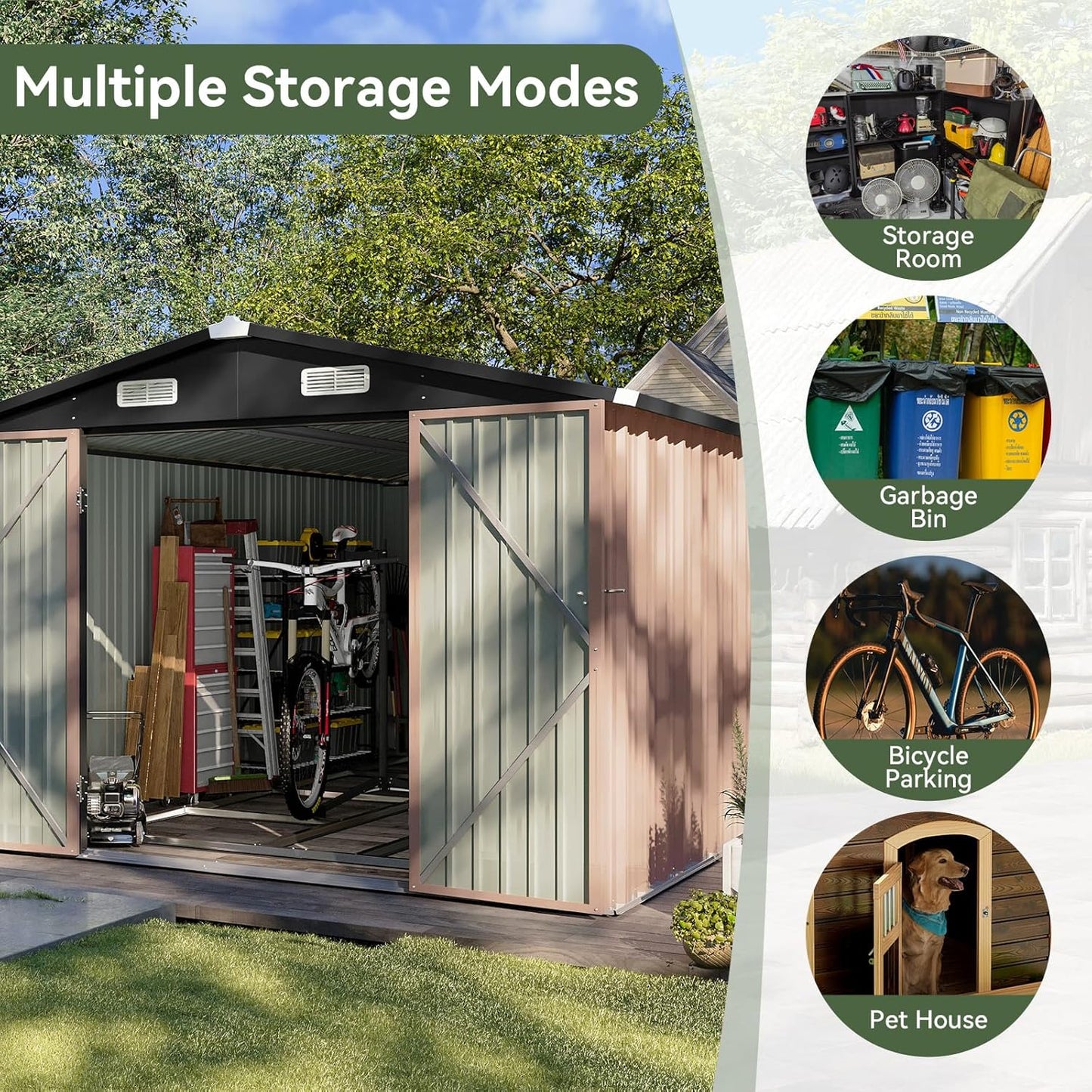 Aoxun 12x7.5 FT Shed Outdoor Storage Shed with Spacious Door Large Sheds with Double Lockable Door Galvanized Metal Shed for Garbage Can, Bike, Mower, Brown