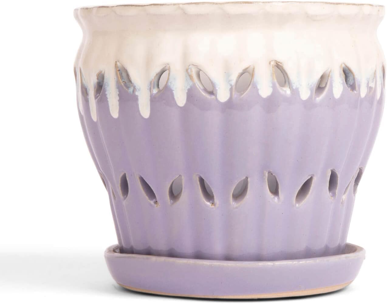 rePotme 6" Pinwheel Fluted Ceramic Plant Pot (Cream Over Lavender) - Includes Free 6 inch Slotted Pot Liner - Great for Orchids, Succulents, and All Indoor Plants