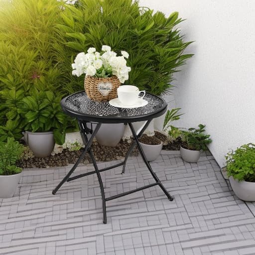 TeoKJ Folding Outdoor Side Tables, Anti Rust Small Patio Table Round Metal Nightstand with Flower Cutouts for Porch Yard Balcony Deck Lawn, Set of 2, Black