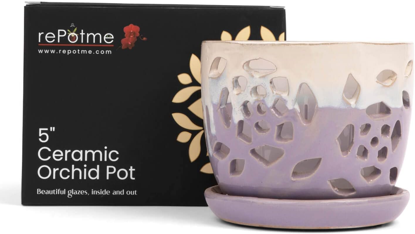 rePotme Orchid Pot - 5 inch Floral Cutout Ceramic Orchid Pot with Holes (Cream Over Lavender) - Includes 5 inch Slotted Pot Liner