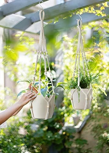 32inch Macrame Plant Holder,Indoor Hanging Planters with Wood Beads No Tassels Boho Home Decor (Ivory)