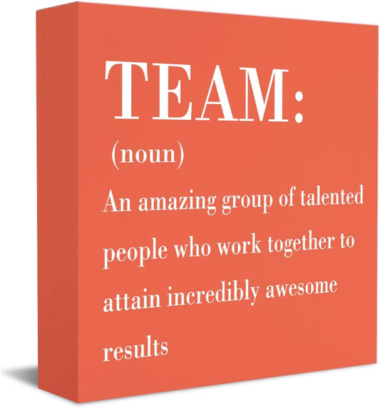HTBIG Inspirational Team Noun Office Decor Wooden Box Sign, Rustic Black Wood Plaque for Home Desk Shelf Table Decoration, Coworker Gift, Orange
