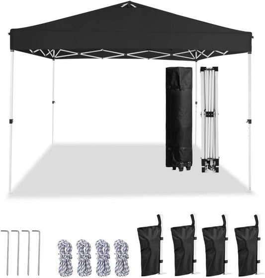 10x10 Pop Up Canopy Tent – One-Person Setup, Waterproof & UV-Blocking, Heavy-Duty Steel Frame, Wheeled Bag & Sandbags – Outdoor Shade for Beach, Camping, Backyard, Tailgate, Events (Black)