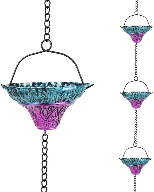 10FT Rain Chains for Outside, Rain Gutter Chain with 12 Flower Cups, Adjustable Rainwater Catcher Chain for Eaves Drainage, Replacement for Downspout