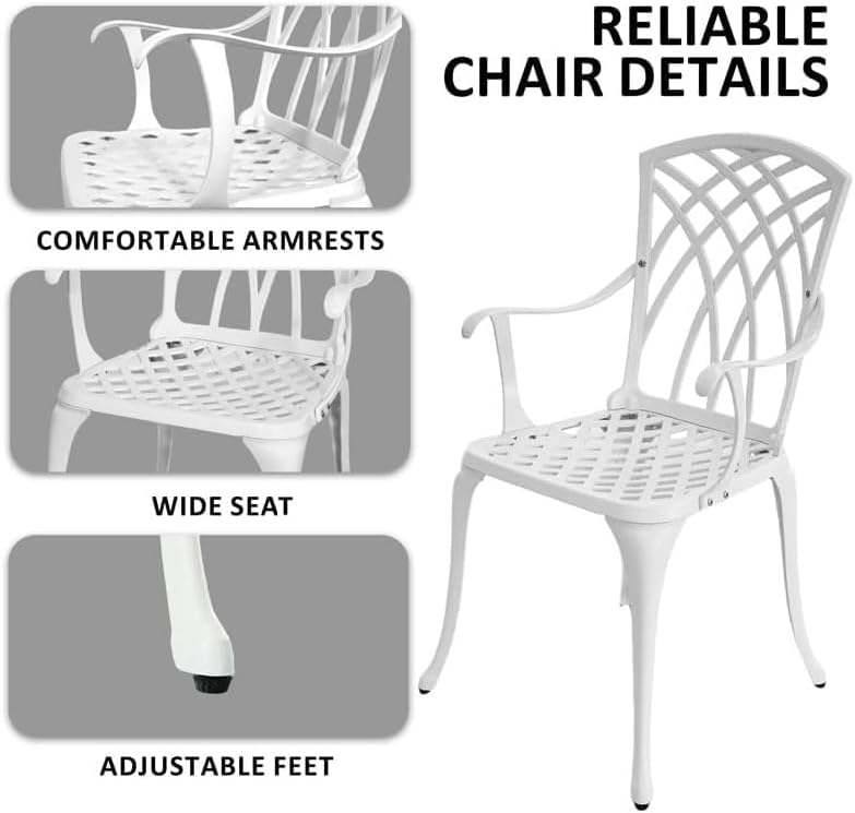 White Bistro Table and Chairs Set of 2, Cast Aluminum White Bistro Set Outdoor, Patio Bistro Sets with Umbrella Hole, Round Back Yard Set for Porch Balcony Garden