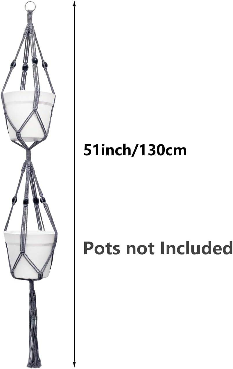 Belit 2 Pack Double Macrame Plant Hangers 2 Tier Hanging Planter Basket Decorative Flower Pot Holder Rope for Indoor Outdoor Home Decor 51 Inch, Grey