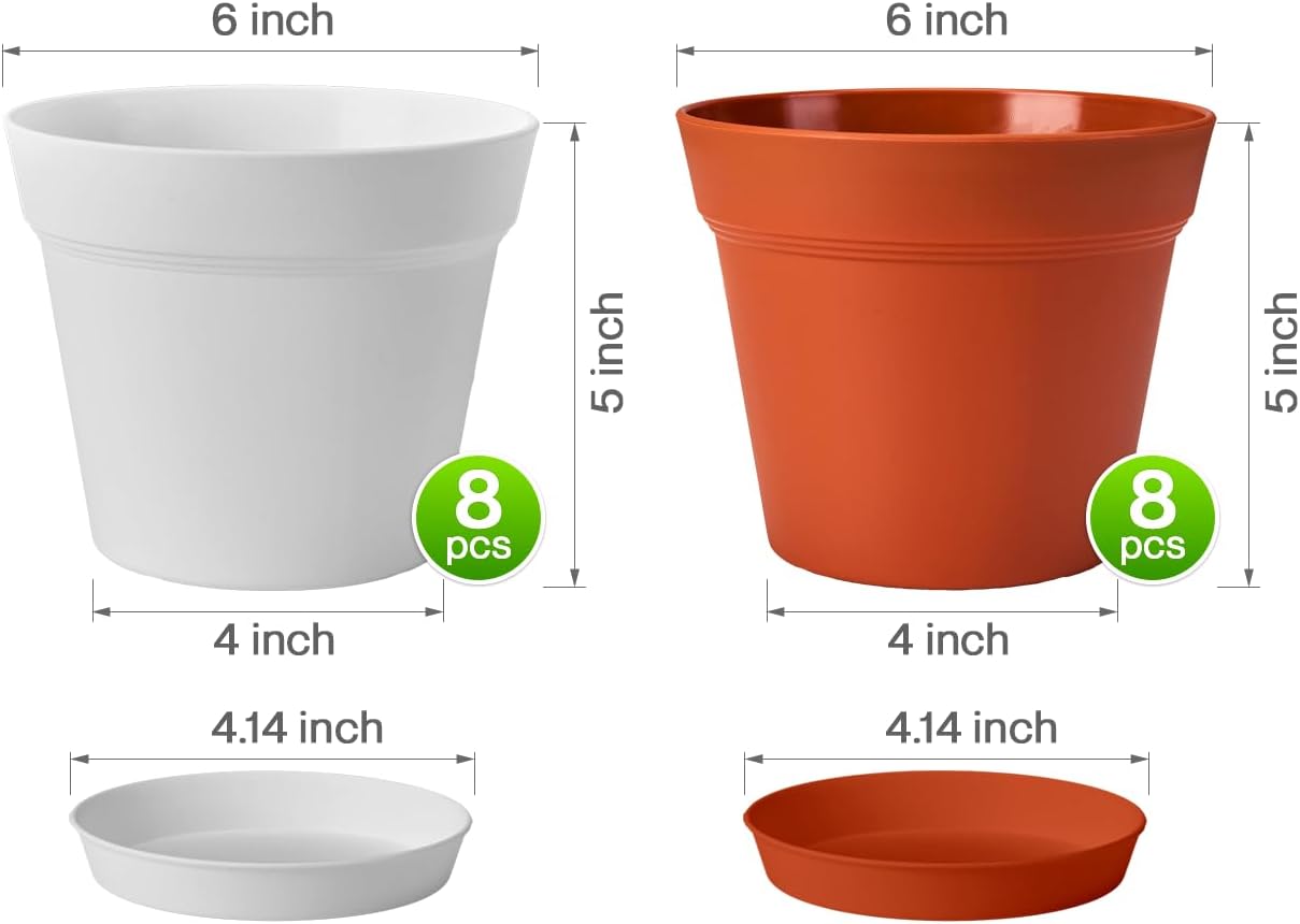 homenote Plant Pots,6 Inch Flower Pots for Plants Plastic Planters for Indoor with Multiple Drainage Holes and Trays, for All Home Garden Flowers Succulents,Outdoor(White&Red,16 Pack)