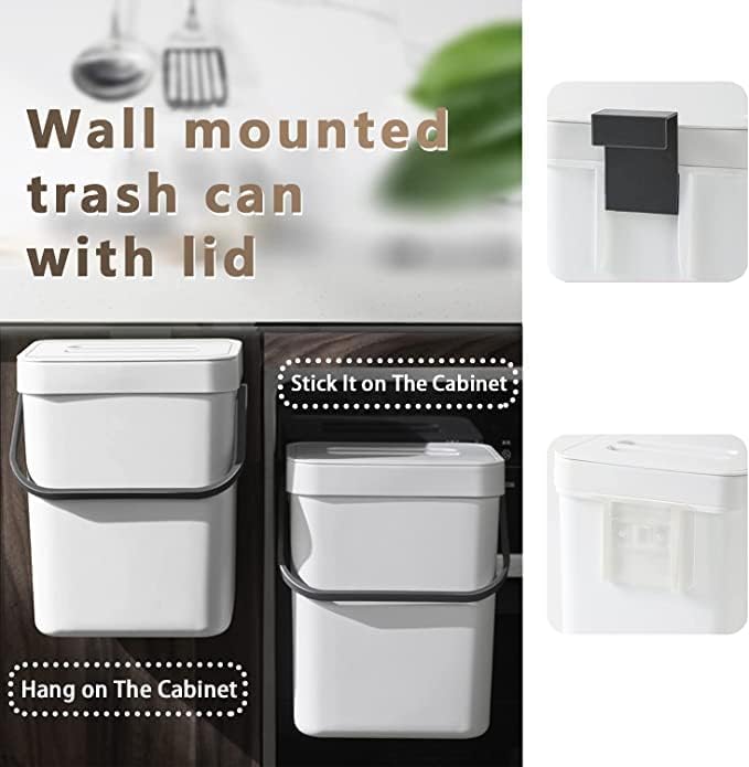 Compost Caddy, Detachable Handle and Countertop Bin, Small Compost Bin with Lid, Plastic Tiny Wastebasket for Office/Kitchen/Refrigerator/RV, 3L/0.8 Gal Series, White