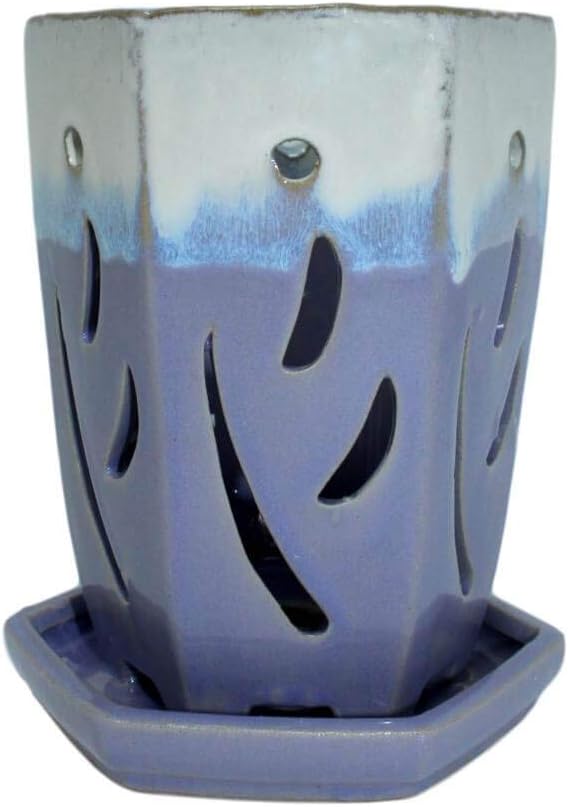 rePotme 4 x 6 inch Ceramic Orchid Pot (Cream Over Lavender) - Hexagon Orchid Pot with Holes