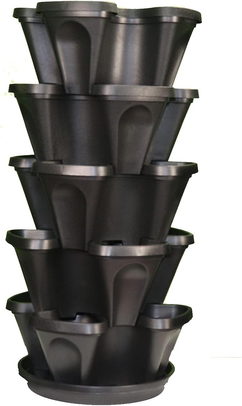 5-Tier 13 inch Strawberry and Herb Garden Planter - Stackable Gardening Pots with 10 Inch Saucer (Black)
