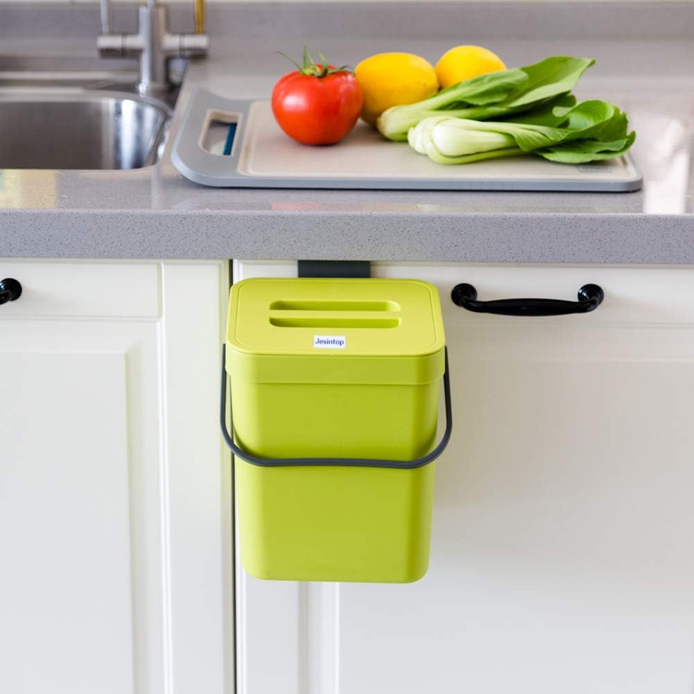 Food Waste Basket Bin for Kitchen, Odor-Free Food Scrap Container,Small Countertop Compost Bin with Lid, Mini Garbage Can Wall Mounted Trash Can, 3L/0.8 Gal Series, Green