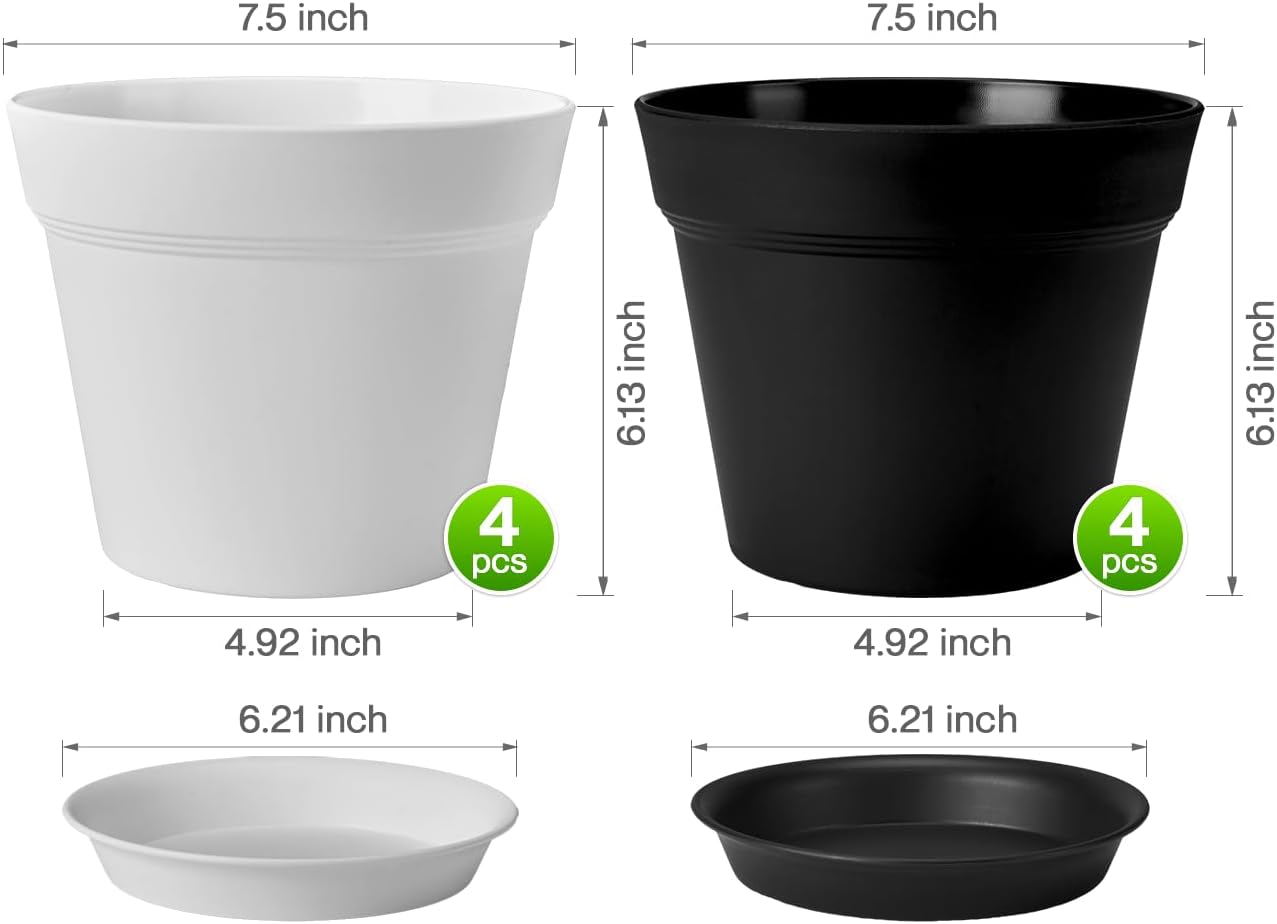 homenote Plant Pots,7.5 Inch Flower Pots for Plants Plastic Planters for Indoor with Multiple Drainage Holes and Trays, for All Home Garden Flowers Succulents,Outdoor(White&Black,8 Pack)
