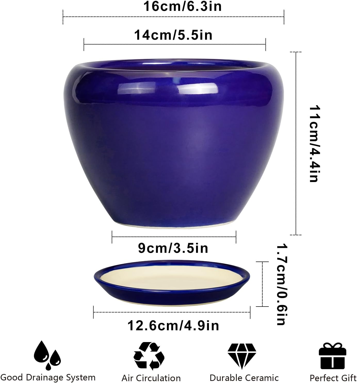 6 Inch Plant Pot - Ceramic Pots for Plants Succulent Pot with Drainage Hole and Saucer Round Planter Outdoor Flower Pot for Herb Snake Plants Blue