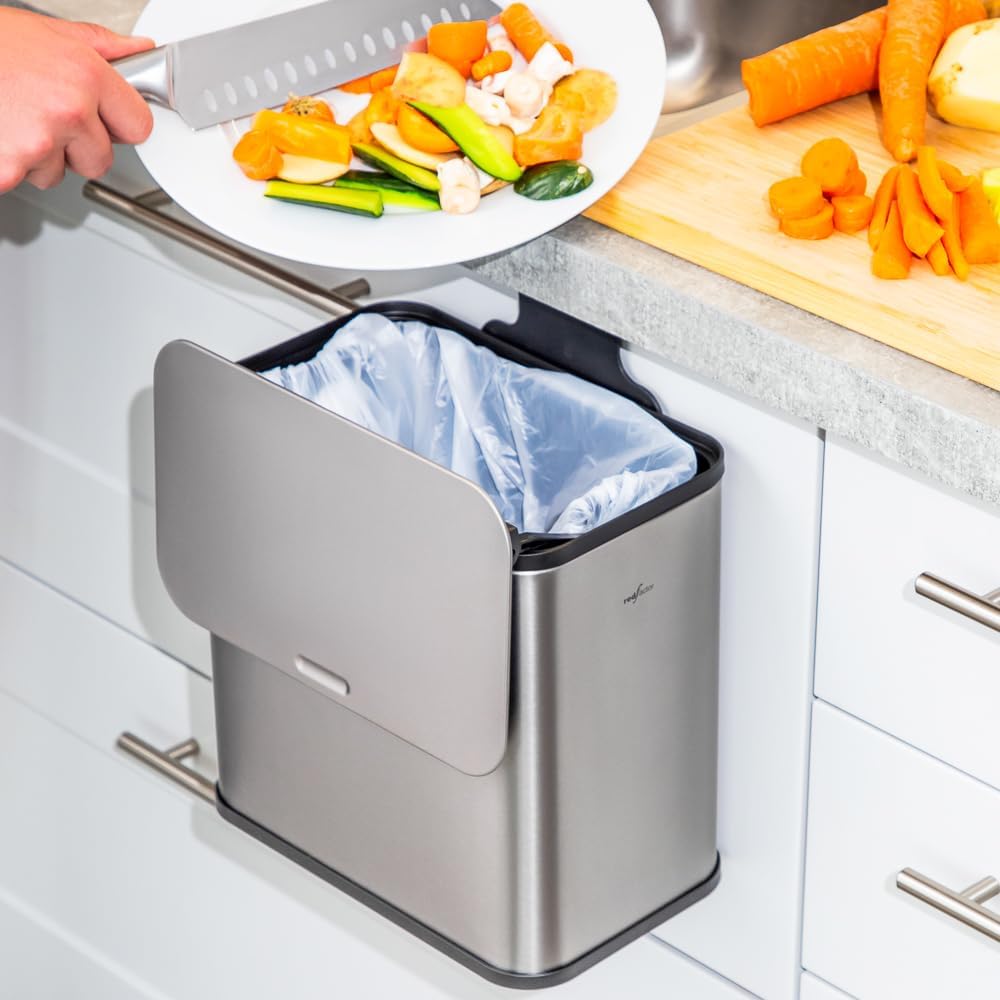 RED FACTOR Stainless Steel Hanging Trash Can with Lid and Inner Bucket – Slim 1.3 Gallon Odor-Free Compost Bin for Kitchen Cabinet, Countertop, Under Sink, or Bathroom (Metallic Gray)
