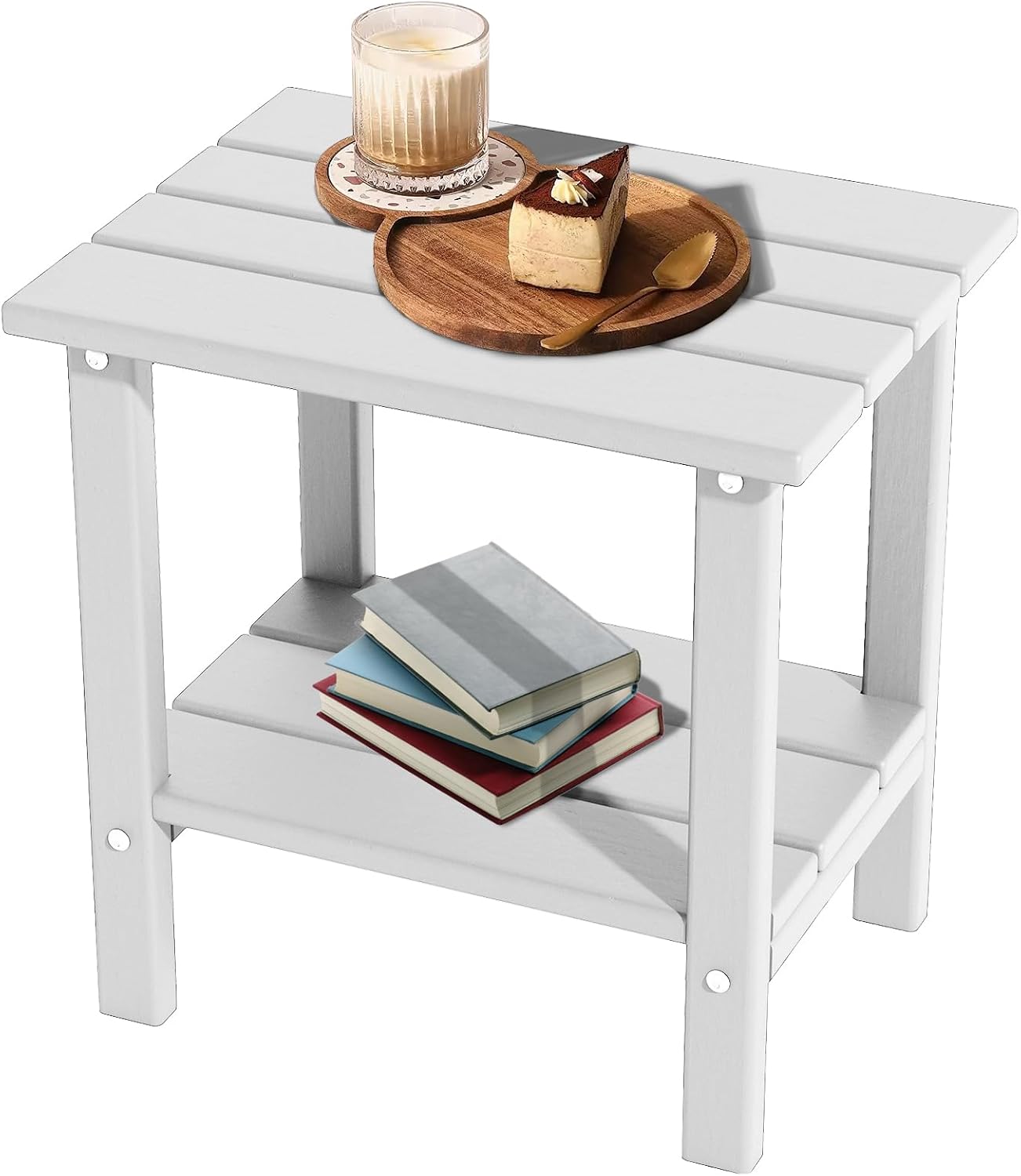 Outdoor Side Table, Weather Resistant HDPE Outdoor Table, 2-Tier Small Patio Tables for Outside or Indoor (White)