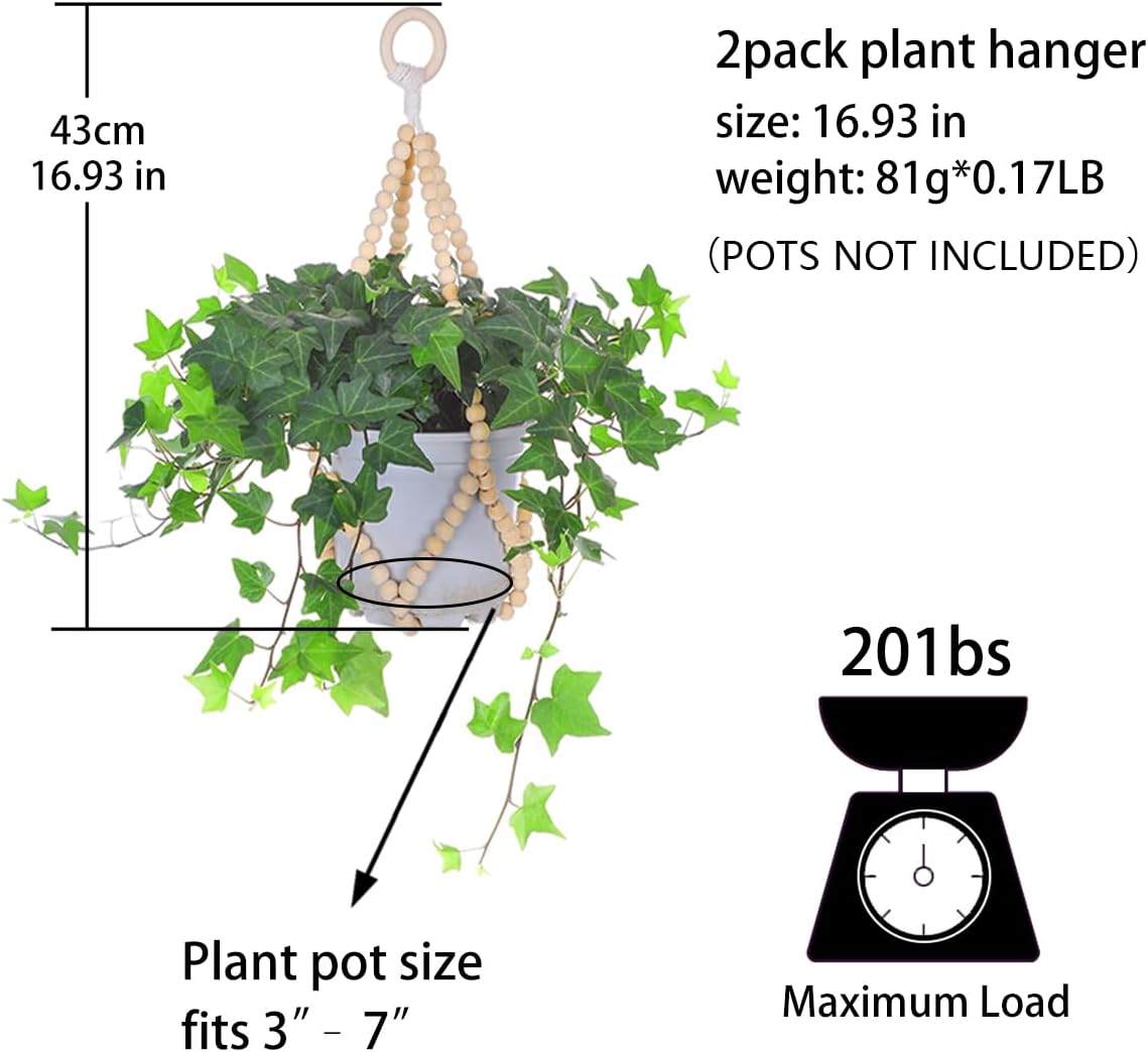 Artilady 2 Pack Beaded Plant Hanger Indoor - Macrame Hanging Planters for Plants Holder No Tassels with Wooden Beads Boho Farmhouse Rustic Home Decor
