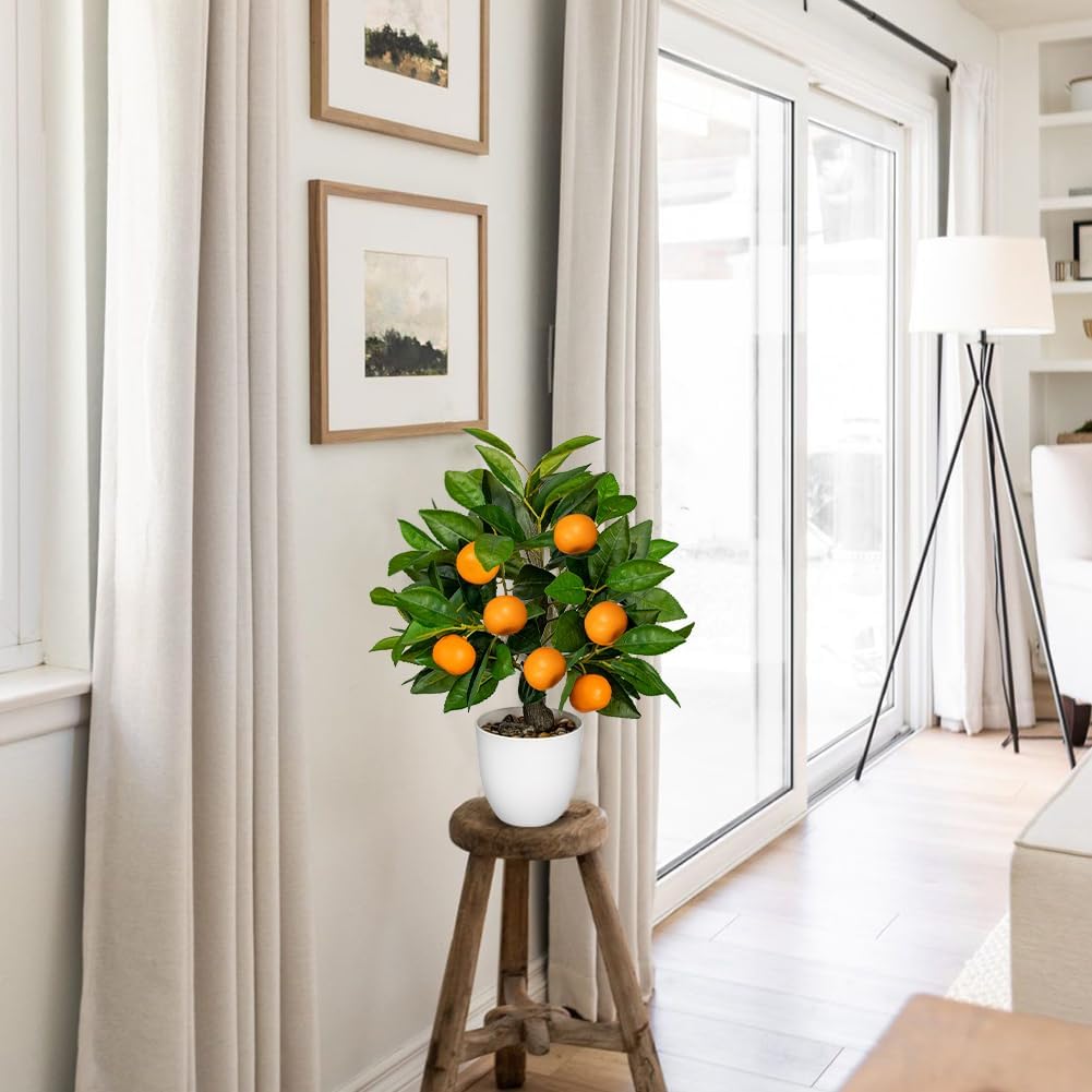 Artificial Potted Plants 16.1 inches Fake Orange Tree Artificial Citrus Fruit Plant with White Pot Faux Plants Indoor for Home,Office, Living Room Table, Desk