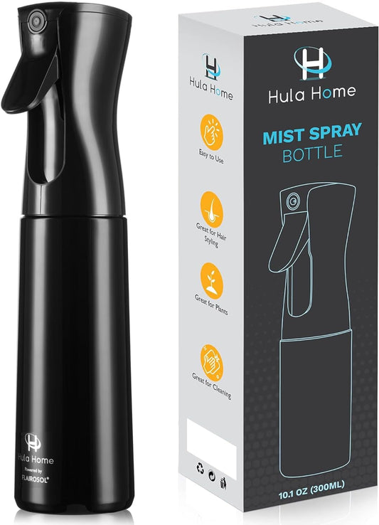 Hula Home Spray Bottle for Hair (10.1oz/300ml) - Powered by Flairosol® Spray Technology - Continuous Ultra Fine Mist Sprayer – For Hairstyling, Cleaning, Salons, Plants, Essential Oil & More - Black